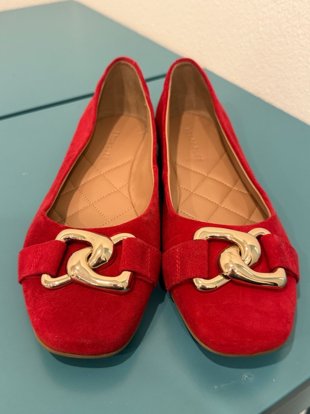AEROSOLES Candice Red Suede Flats with Gold Chain Accent